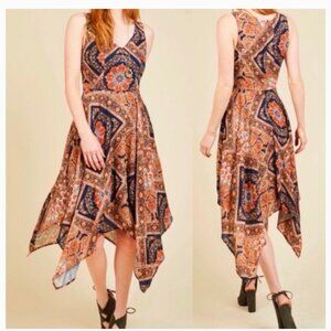 ModCloth Evening In Athens Handkerchief Hem Midi Dress Patchwork Grecian Print